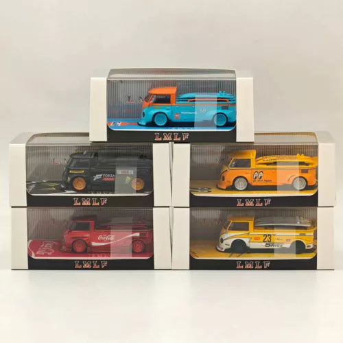 Diecast pickup truck model set in retail boxes, with blue, black, red, and orange trucks