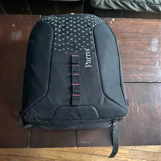 Drone backpack with Parrot logo patch, black fabric and front strap