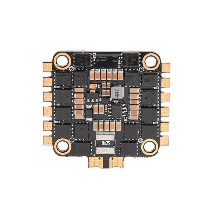 Brushless drone ESC circuit board, black PCB with gold pin connectors and mounting holes
