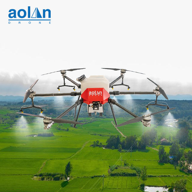 Agricultural spraying drone with quad-rotors and tank, red and gray carbon-fiber frame