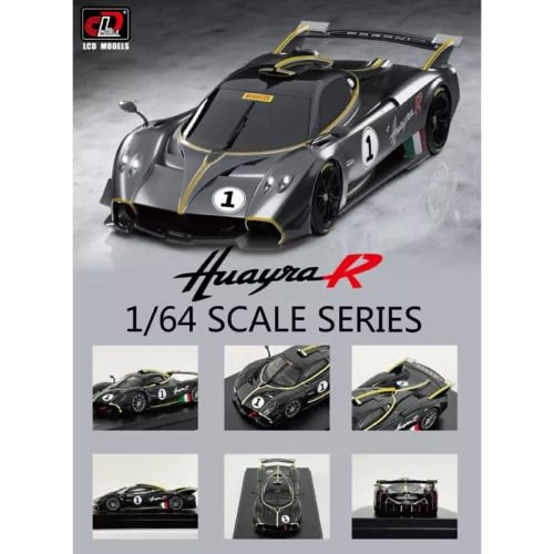 1/64 scale diecast model car with black carbon body and yellow trim, front view
