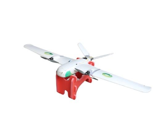 White fixed-wing foam drone with red EVA bracket mount