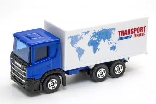 1:102 scale blue cab diecast truck with white Transport Express trailer