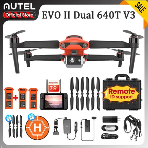 Orange and black drone kit with camera gimbal, remote controller, and carrying case