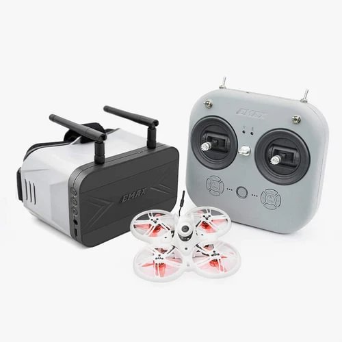 FPV racing drone with four propellers and light gray transmitter controller