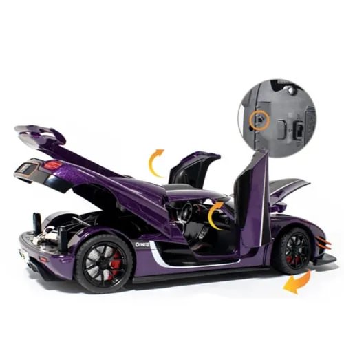 Purple 1:24 alloy racing car model diecast with open door and detailed cockpit