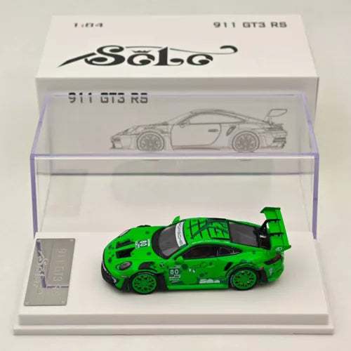 Green Porsche 911 GT3 RS diecast toy car in clear display case