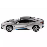 KINSMART BMW i8 1:36 diecast sports car model, silver with blue trim