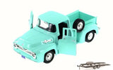 Diecast 1955 Ford F-100 pickup and small trailer, mint green with open door