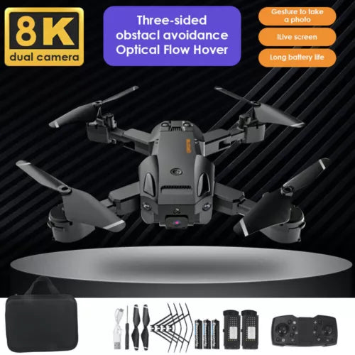 Gray quadcopter drone with front camera and foldable propellers