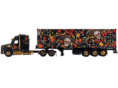 Diecast semi truck with decorated 40-ft container featuring skull patterns