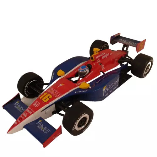 Red and blue 1:18 diecast IndyCar model with front wing and open cockpit