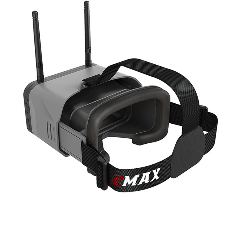 FPV monitor goggles with gray housing, dual antennas, and adjustable head strap