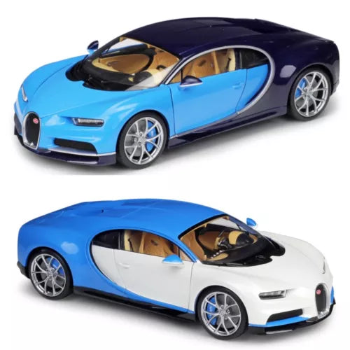 Two-tone blue and dark sports diecast model car with openable hood and silver wheels