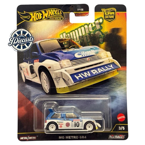 1:64 diecast MG Metro 6R4 race car, white with blue stripes and HVR Rally graphics