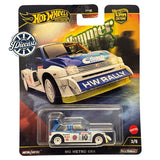 1:64 diecast MG Metro 6R4 race car, white with blue stripes and HVR Rally graphics