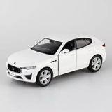 White 1:36 diecast model car toy with Maserati Levante GTS styling, front-left view