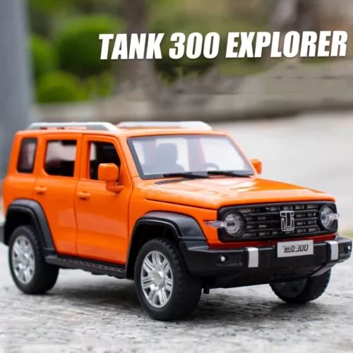 1:32 diecast model tank car toy, orange off-road vehicle with headlights and grille