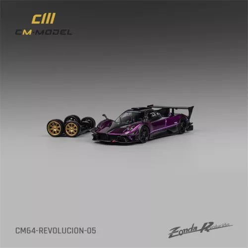 Purple diecast model sports car with yellow wheels, front 3/4 view