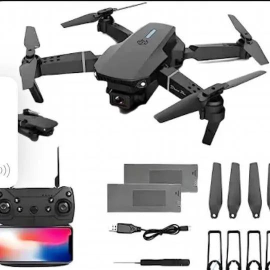 Drone with camera set, shown with remote controller, spare propellers, and cables