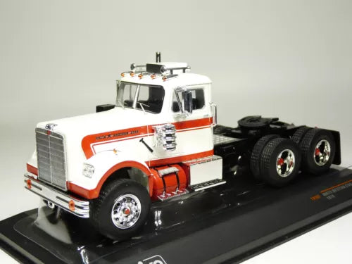 Diecast semi tractor truck model, white and orange cab with chrome grille and black wheels