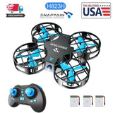 Mini RC quadcopter drone with blue accents and remote controller