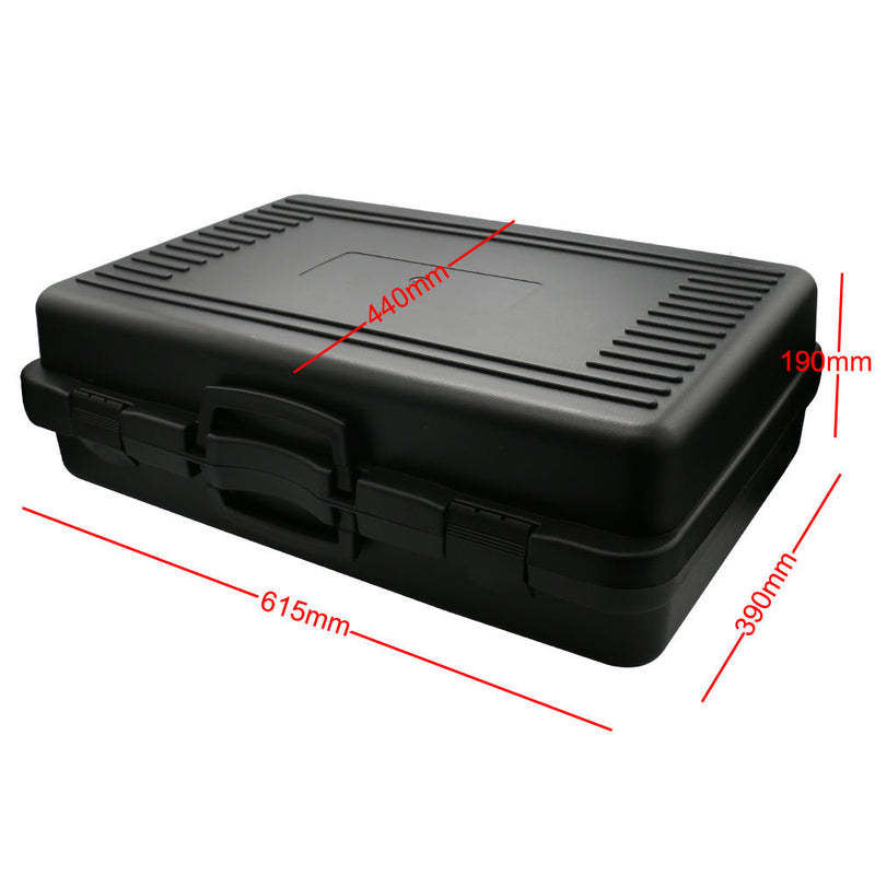 Large capacity black plastic storage case with latches and built-in handle