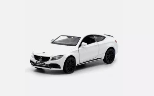 Diecast model car, white AMG coupe with black wheels, front three-quarter view