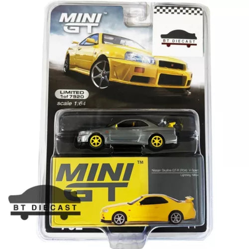 Yellow diecast model car in blister packaging, black wheels, front 3/4 view