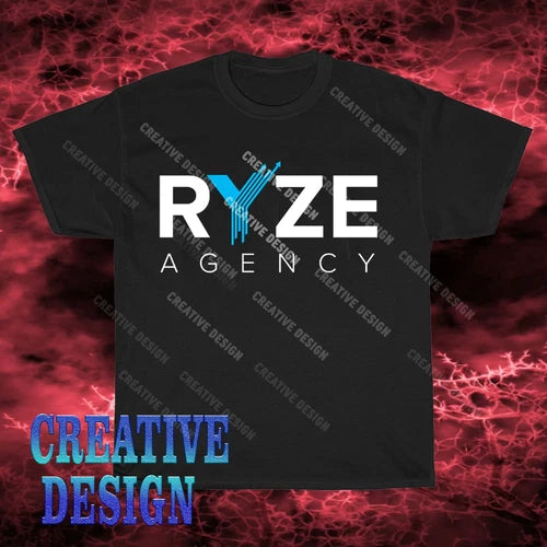 Men's black t-shirt with RYZE Agency drone logo and Creative Design text