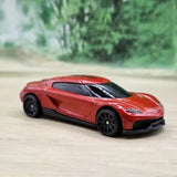Red diecast model car with black hood and black wheels, 1/64 scale