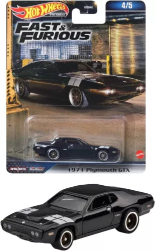 1971 Plymouth GTX 1/64 diecast car, black with white stripe, front 3/4 view