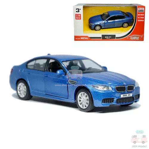 Blue BMW M5 diecast model car, alloy toy vehicle front 3/4 view