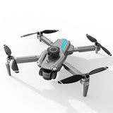 Gray quadcopter drone with front camera gimbal and four foldable propellers