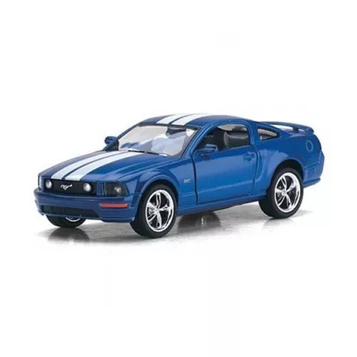 Blue diecast toy coupe car with white racing stripes and silver wheels
