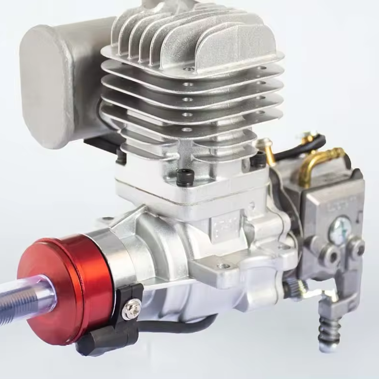 10cc two-stroke RC gasoline engine with cooling fins and red flywheel hub