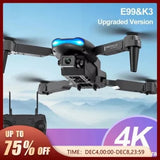 Foldable mini RC drone with 4K camera and blue LED lights, front view