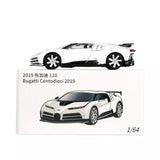 1/64 diecast mini toy car in white on product box with printed car view