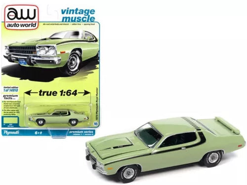 Auto World 1:64 diecast model car, mist green 1973 Plymouth Road Runner