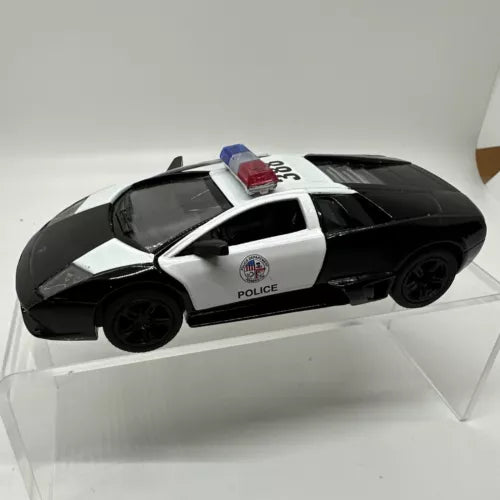 Diecast police toy car, black with white stripe and Police decals