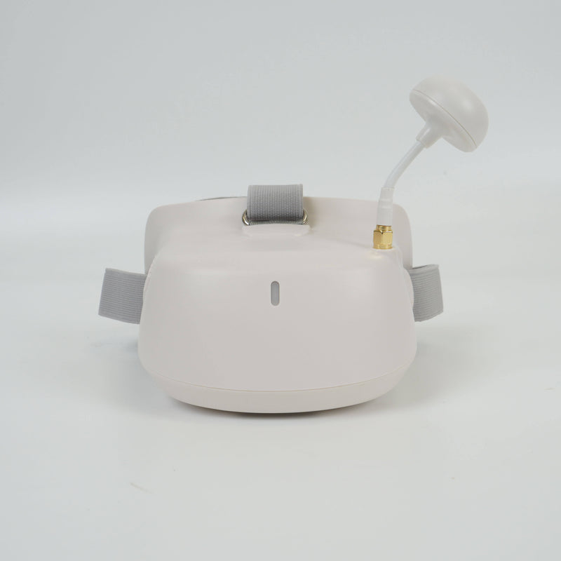 White 3D racing drone goggles headset with adjustable strap and curved mount