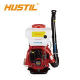 Gasoline knapsack power sprayer with red-and-white tank and black pump hose
