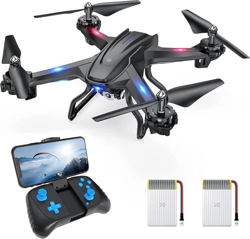 Quadcopter drone with camera, controller screen, and two spare batteries