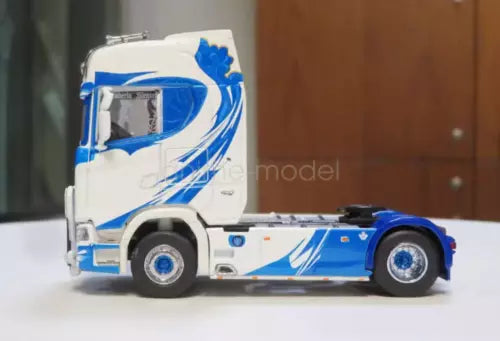1:64 blue and white Scania S730 tractor unit diecast truck model, side view