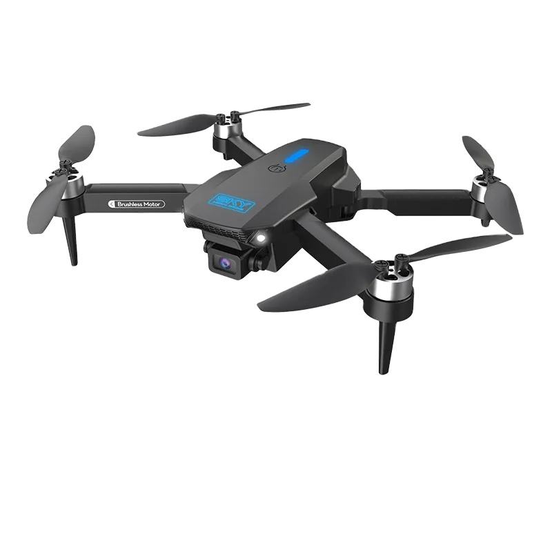 Foldable quadcopter drone with camera, black body and four propellers with blue lights