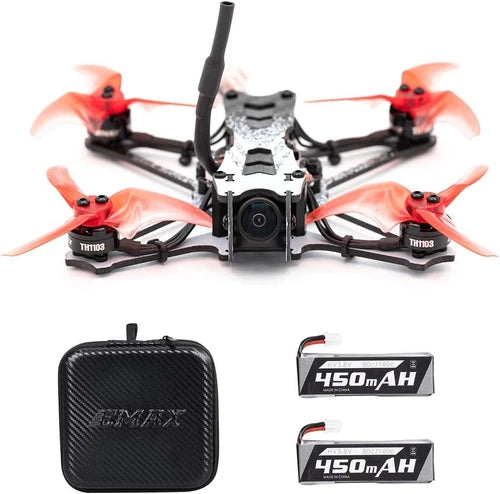 Orange FPV racing drone with central camera, two antennas, and 450mAh battery packs