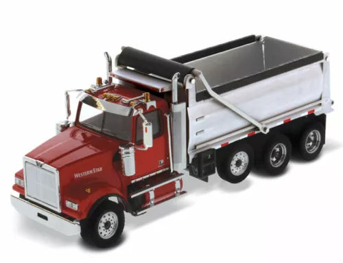 Red diecast dump truck model with grey open-top bed and western cab details