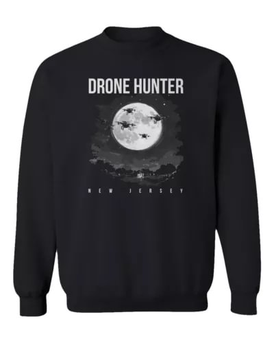 Black crewneck sweatshirt with moon and drone graphic; DRONE HUNTER and NEW JERSEY