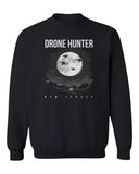 Black crewneck sweatshirt with moon and drone graphic; DRONE HUNTER and NEW JERSEY