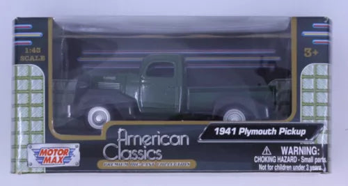 Green 1:43 diecast 1941 Plymouth pickup truck in retail box, American Classics branding
